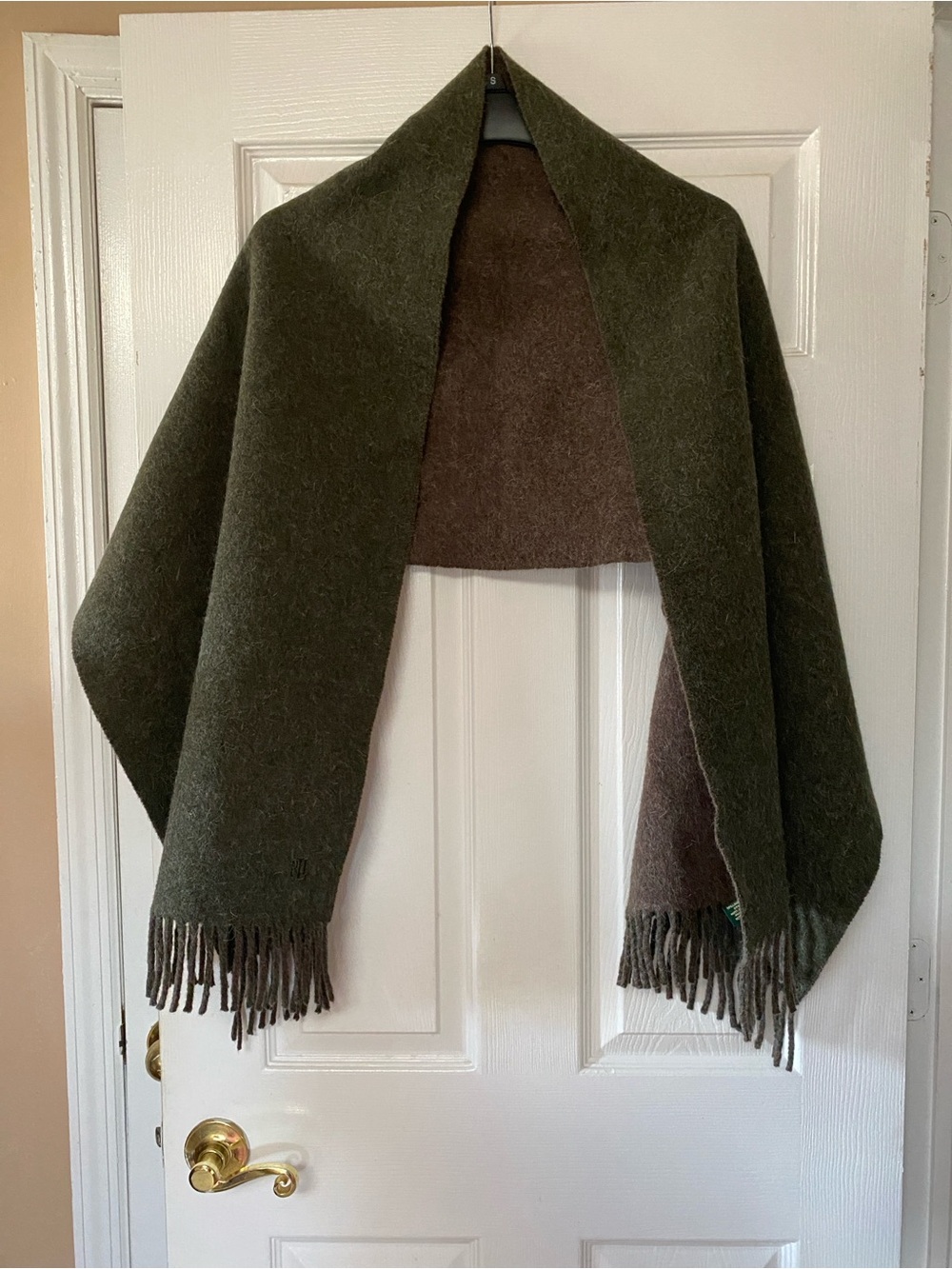 Ralph Lauren Reversible Wool Angora Green Brown Blanket Wrap Scarf Fringe